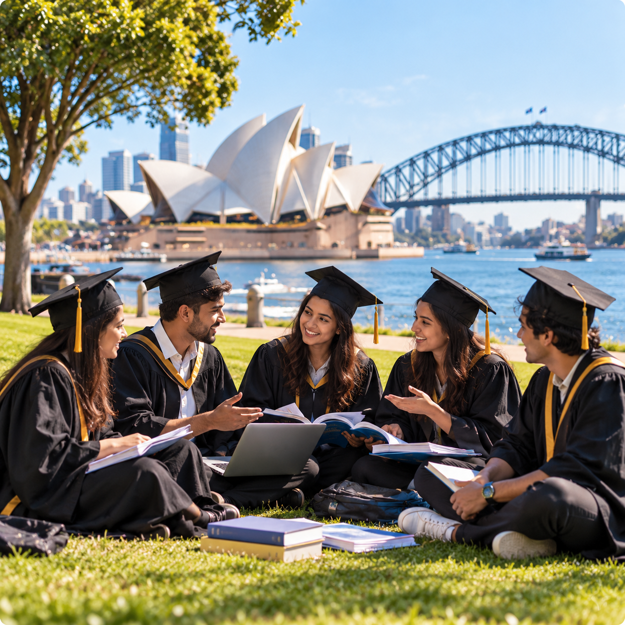 Students studying together by Sydney Harbour